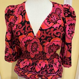 HOUSE OF HARLOW 1960 SMOCKED FLORAL PRINTED BLOUSE TOP